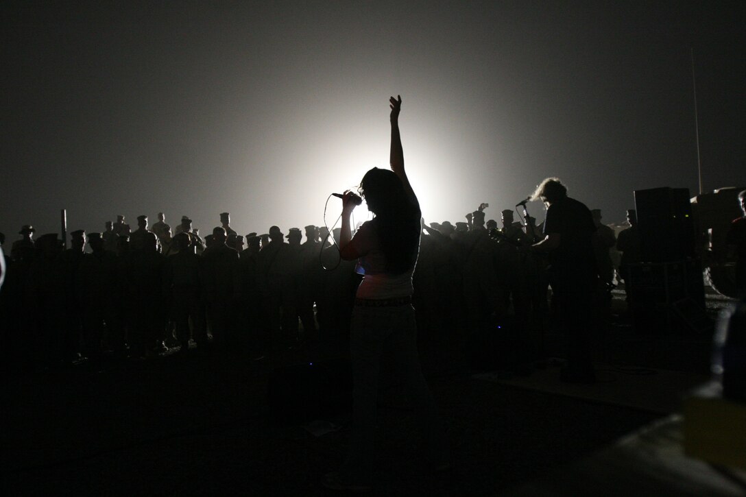 The Saloonatics perform for service members aboard Camp Fallujah, May 9, as part of a tour of military installations in Iraq and Kuwait. The band hails from Southern California and covers songs ranging from Ted Nugent and Rush to 3 Doors Down and Blink 182.