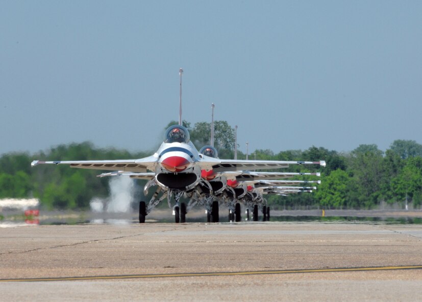 U.S. Air Force Thunderbirds taxi off the flight line after their performance at Barksdale Air Force Base, Louisiana, on April 21, 2007. This event was part of the Defender's of Liberty Air Show 2007 held at Barksdale this weekend. (U.S. Air Force photo by Airman 1st Class Joanna M. Kresge)
