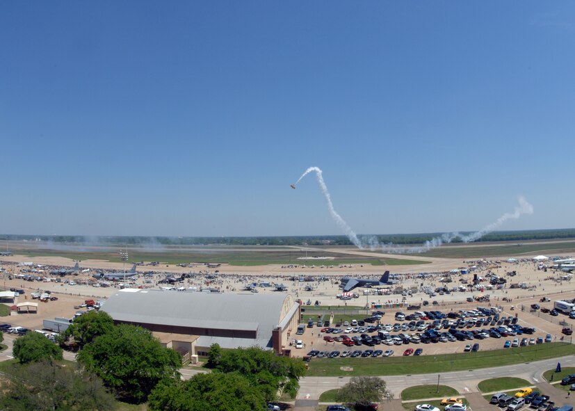 Gene Soucy performs stunts high above the ground for the crowds of Air Force members and the general public at Barksdale Air Force Base, Louisiana, on April 21, 2007. This event was part of the Defender's of Liberty Air Show 2007 held at Barksdale this weekend. (U.S. Air Force photo by Airman 1st Class Joanna M. Kresge)