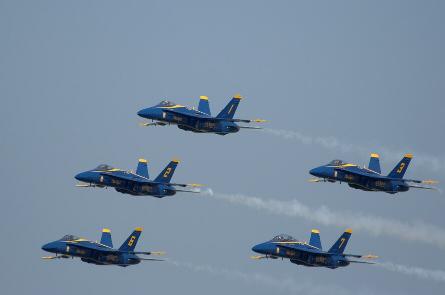 BARKSDALE AIR FORCE BASE, La. -- The U.S. Navy Blue Angles perform fast-paced, high-performance maneuvers during the 2008 Defenders of Liberty Airshow here May 9. The team performs precision aerial maneuvers to exhibit the capabilities of modern high-performance aircraft to audiences around the world. Last season, more than 15 million spectators watched the Blue Angels perform. Since its inception in 1946, the Blue Angels have performed for more than 427 million fans.  (U.S. Air Force photo/Tech. Sgt. Robert J Horstman)