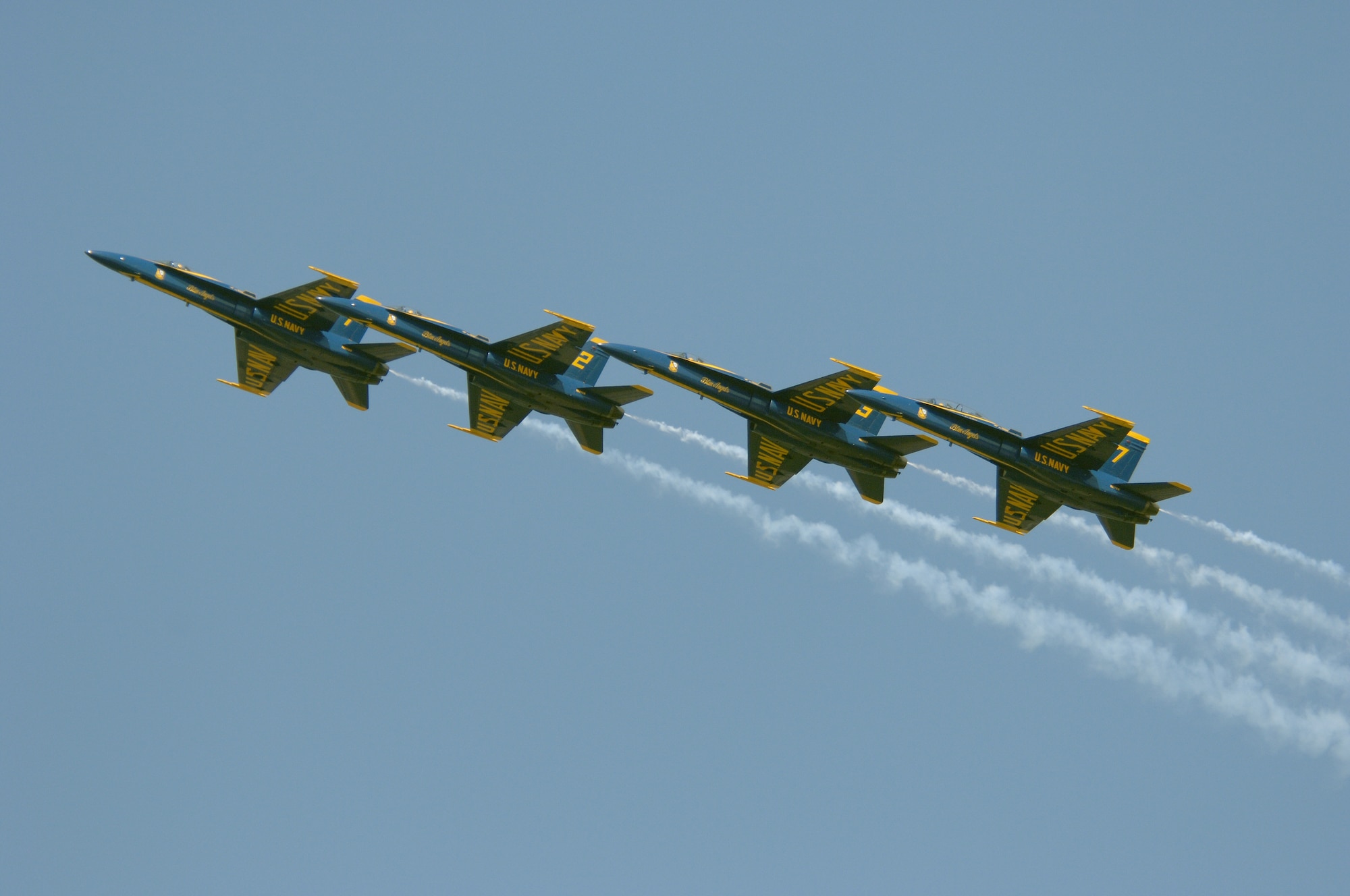 BARKSDALE AIR FORCE BASE, La. -- The U.S. Navy Blue Angles perform fast-paced, high-performance maneuvers during the 2008 Defenders of Liberty Airshow here May 9. The team performs precision aerial maneuvers to exhibit the capabilities of modern high-performance aircraft to audiences around the world. Last season, more than 15 million spectators watched the Blue Angels perform. Since its inception in 1946, the Blue Angels have performed for more than 427 million fans.  (U.S. Air Force photo/Tech. Sgt. Robert J Horstman)