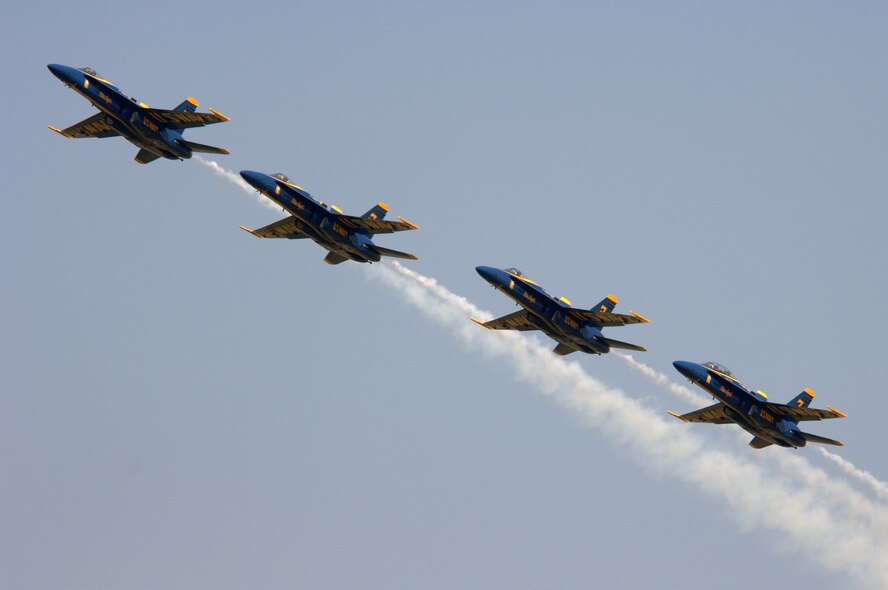BARKSDALE AIR FORCE BASE, La. -- The U.S. Navy Blue Angles perform fast-paced, high-performance maneuvers during the 2008 Defenders of Liberty Airshow here May 9. The team performs precision aerial maneuvers to exhibit the capabilities of modern high-performance aircraft to audiences around the world. Last season, more than 15 million spectators watched the Blue Angels perform. Since its inception in 1946, the Blue Angels have performed for more than 427 million fans.  (U.S. Air Force photo/Tech. Sgt. Robert J Horstman)