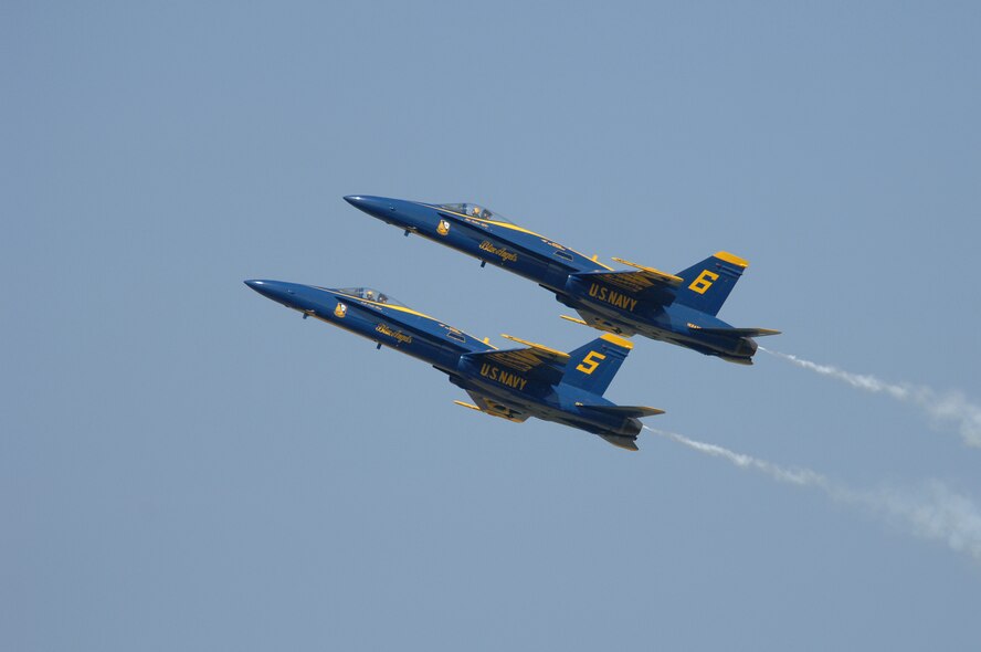 BARKSDALE AIR FORCE BASE, La. -- The U.S. Navy Blue Angles perform fast-paced, high-performance maneuvers during the 2008 Defenders of Liberty Airshow here May 9. The team performs precision aerial maneuvers to exhibit the capabilities of modern high-performance aircraft to audiences around the world. Last season, more than 15 million spectators watched the Blue Angels perform. Since its inception in 1946, the Blue Angels have performed for more than 427 million fans.  (U.S. Air Force photo/Tech. Sgt. Robert J Horstman)