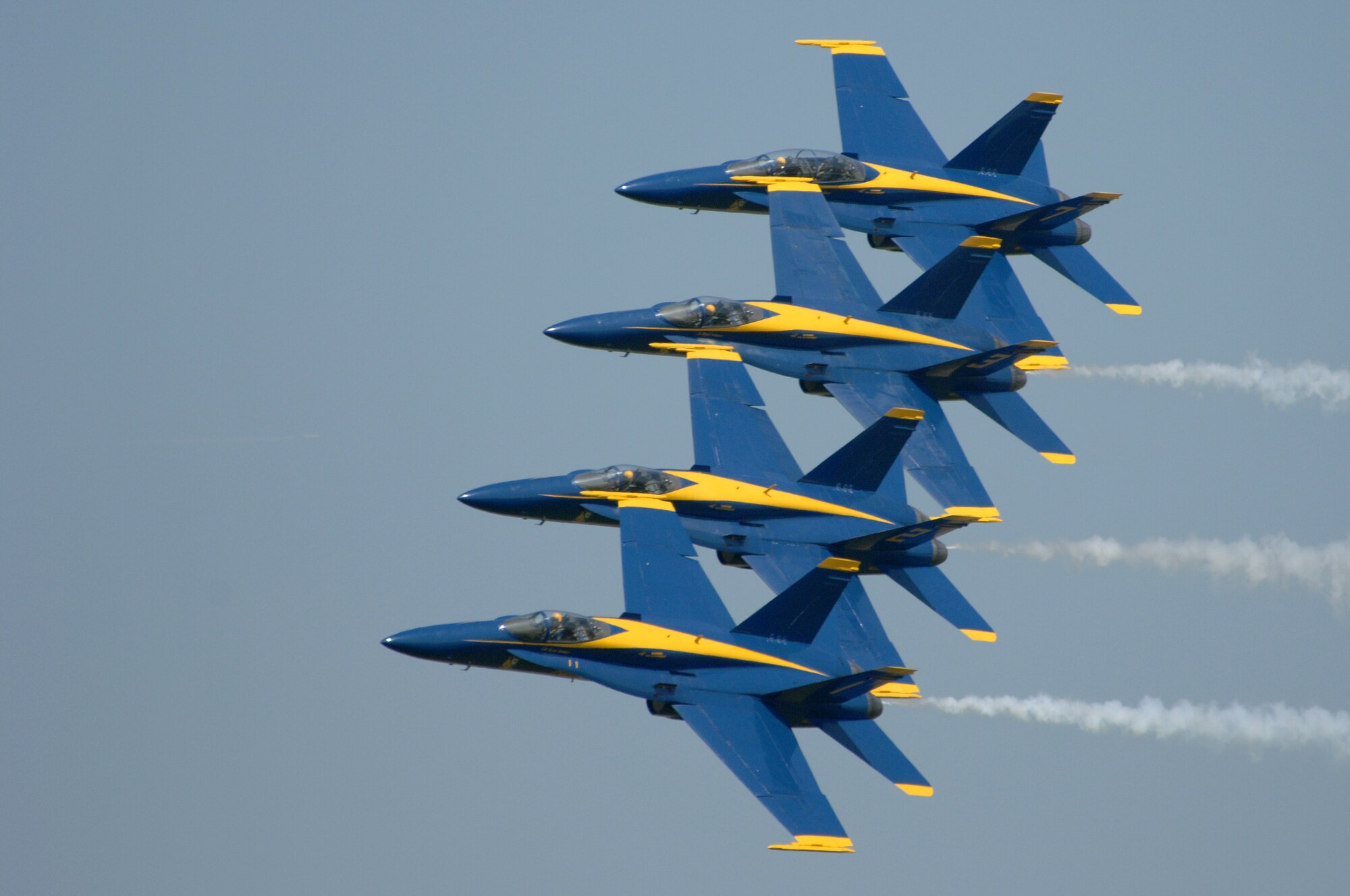 BARKSDALE AIR FORCE BASE, La. -- The U.S. Navy Blue Angles perform fast-paced, high-performance maneuvers during the 2008 Defenders of Liberty Airshow here May 9. The team performs precision aerial maneuvers to exhibit the capabilities of modern high-performance aircraft to audiences around the world. Last season, more than 15 million spectators watched the Blue Angels perform. Since its inception in 1946, the Blue Angels have performed for more than 427 million fans.  (U.S. Air Force photo/Tech. Sgt. Robert J Horstman)