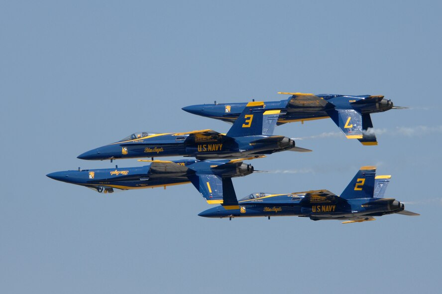 BARKSDALE AIR FORCE BASE, La. -- The U.S. Navy Blue Angles perform fast-paced, high-performance maneuvers during the 2008 Defenders of Liberty Airshow here May 9. The team performs precision aerial maneuvers to exhibit the capabilities of modern high-performance aircraft to audiences around the world. Last season, more than 15 million spectators watched the Blue Angels perform. Since its inception in 1946, the Blue Angels have performed for more than 427 million fans.  (U.S. Air Force photo/Tech. Sgt. Robert J Horstman)