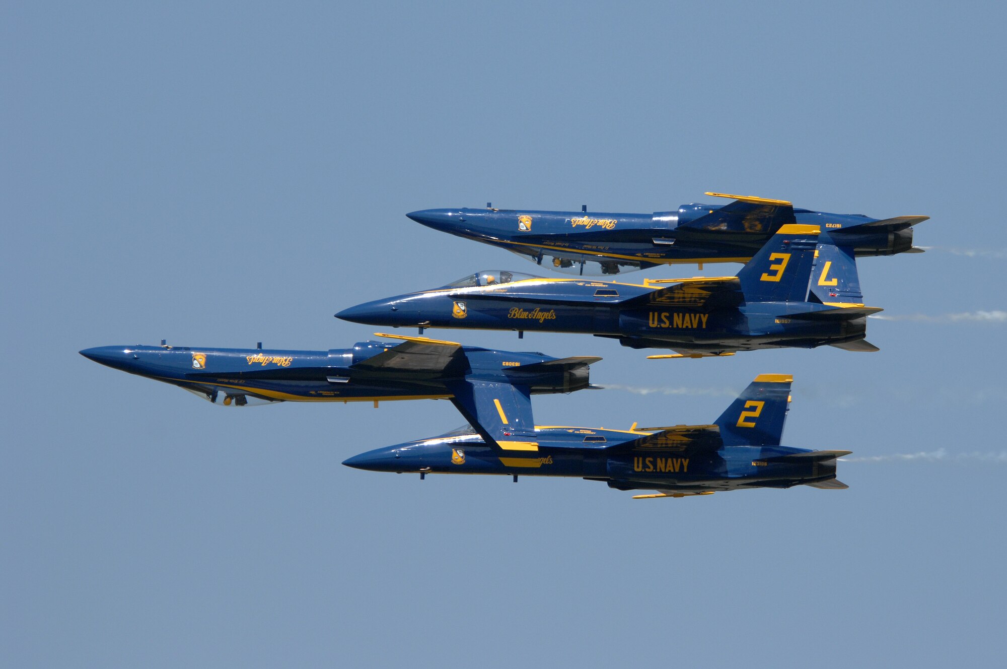 BARKSDALE AIR FORCE BASE, La. -- The U.S. Navy Blue Angles perform fast-paced, high-performance maneuvers during the 2008 Defenders of Liberty Airshow here May 9. The team performs precision aerial maneuvers to exhibit the capabilities of modern high-performance aircraft to audiences around the world. Last season, more than 15 million spectators watched the Blue Angels perform. Since its inception in 1946, the Blue Angels have performed for more than 427 million fans.  (U.S. Air Force photo/Tech. Sgt. Robert J Horstman)