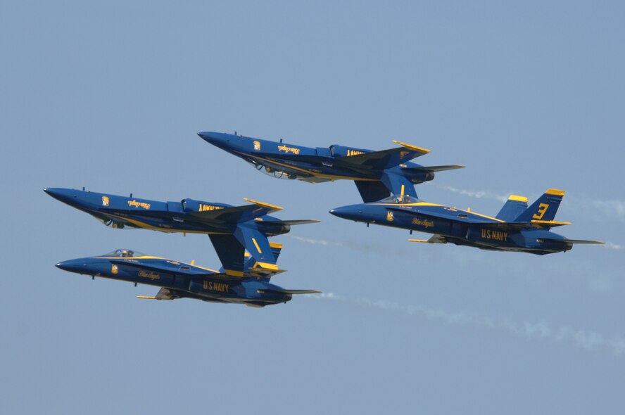 BARKSDALE AIR FORCE BASE, La. -- The U.S. Navy Blue Angles perform fast-paced, high-performance maneuvers during the 2008 Defenders of Liberty Airshow here May 9. The team performs precision aerial maneuvers to exhibit the capabilities of modern high-performance aircraft to audiences around the world. Last season, more than 15 million spectators watched the Blue Angels perform. Since its inception in 1946, the Blue Angels have performed for more than 427 million fans.  (U.S. Air Force photo/Tech. Sgt. Robert J Horstman)