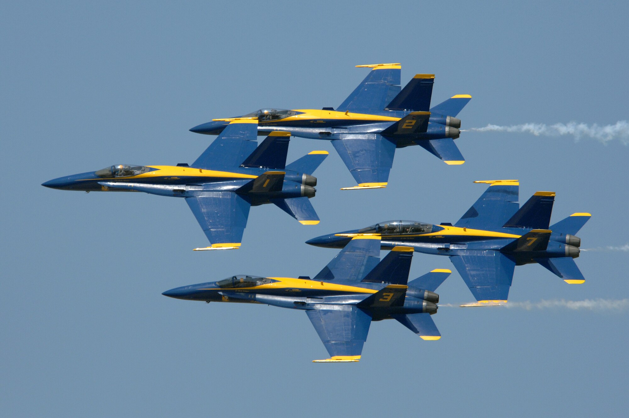 BARKSDALE AIR FORCE BASE, La. -- The U.S. Navy Blue Angles perform fast-paced, high-performance maneuvers during the 2008 Defenders of Liberty Airshow here May 9. The team performs precision aerial maneuvers to exhibit the capabilities of modern high-performance aircraft to audiences around the world. Last season, more than 15 million spectators watched the Blue Angels perform. Since its inception in 1946, the Blue Angels have performed for more than 427 million fans.  (U.S. Air Force photo/Tech. Sgt. Robert J Horstman)