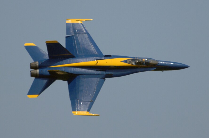 BARKSDALE AIR FORCE BASE, La. -- The U.S. Navy Blue Angles perform fast-paced, high-performance maneuvers during the 2008 Defenders of Liberty Airshow here May 9. The team performs precision aerial maneuvers to exhibit the capabilities of modern high-performance aircraft to audiences around the world. Last season, more than 15 million spectators watched the Blue Angels perform. Since its inception in 1946, the Blue Angels have performed for more than 427 million fans.  (U.S. Air Force photo/Tech. Sgt. Robert J Horstman)