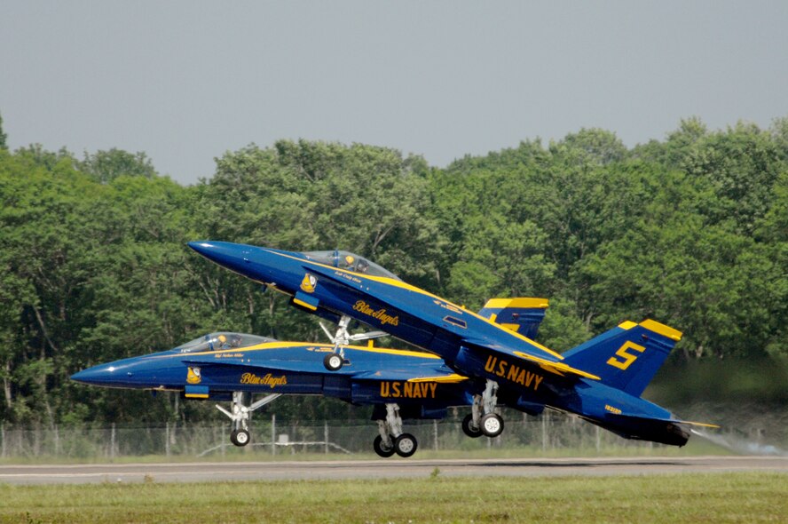 BARKSDALE AIR FORCE BASE, La. -- The U.S. Navy Blue Angles perform fast-paced, high-performance maneuvers during the 2008 Defenders of Liberty Airshow here May 9. The team performs precision aerial maneuvers to exhibit the capabilities of modern high-performance aircraft to audiences around the world. Last season, more than 15 million spectators watched the Blue Angels perform. Since its inception in 1946, the Blue Angels have performed for more than 427 million fans.  (U.S. Air Force photo/Tech. Sgt. Robert J Horstman)
