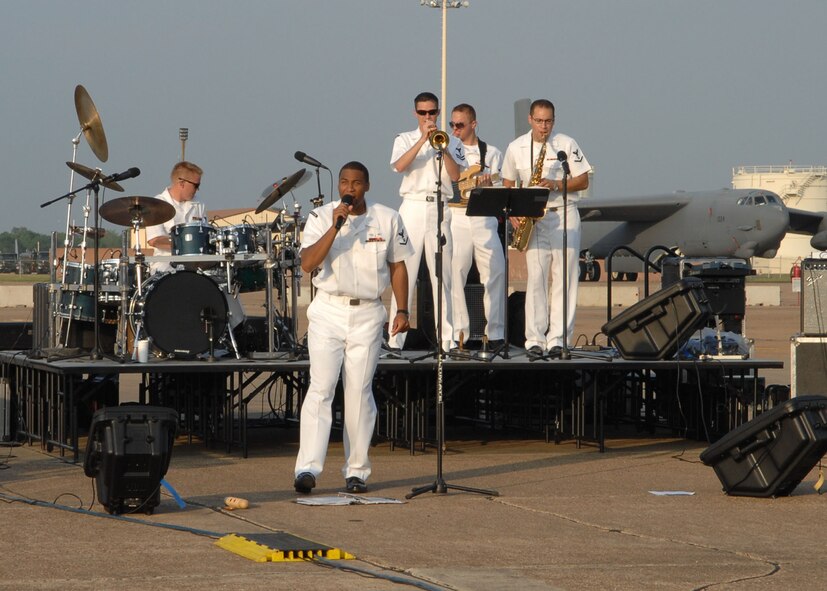 BARKSDALE AIR FORCE BASE, La. - U.S. Navy Top 40 band performs in the 2008 Twilight portion of the Defenders of Liberty Air Show here on May 9. The Navy Top 40 Band is based out of New Orleans, La. (U.S. Air Force photo by A1C Brittany Y. Bateman)