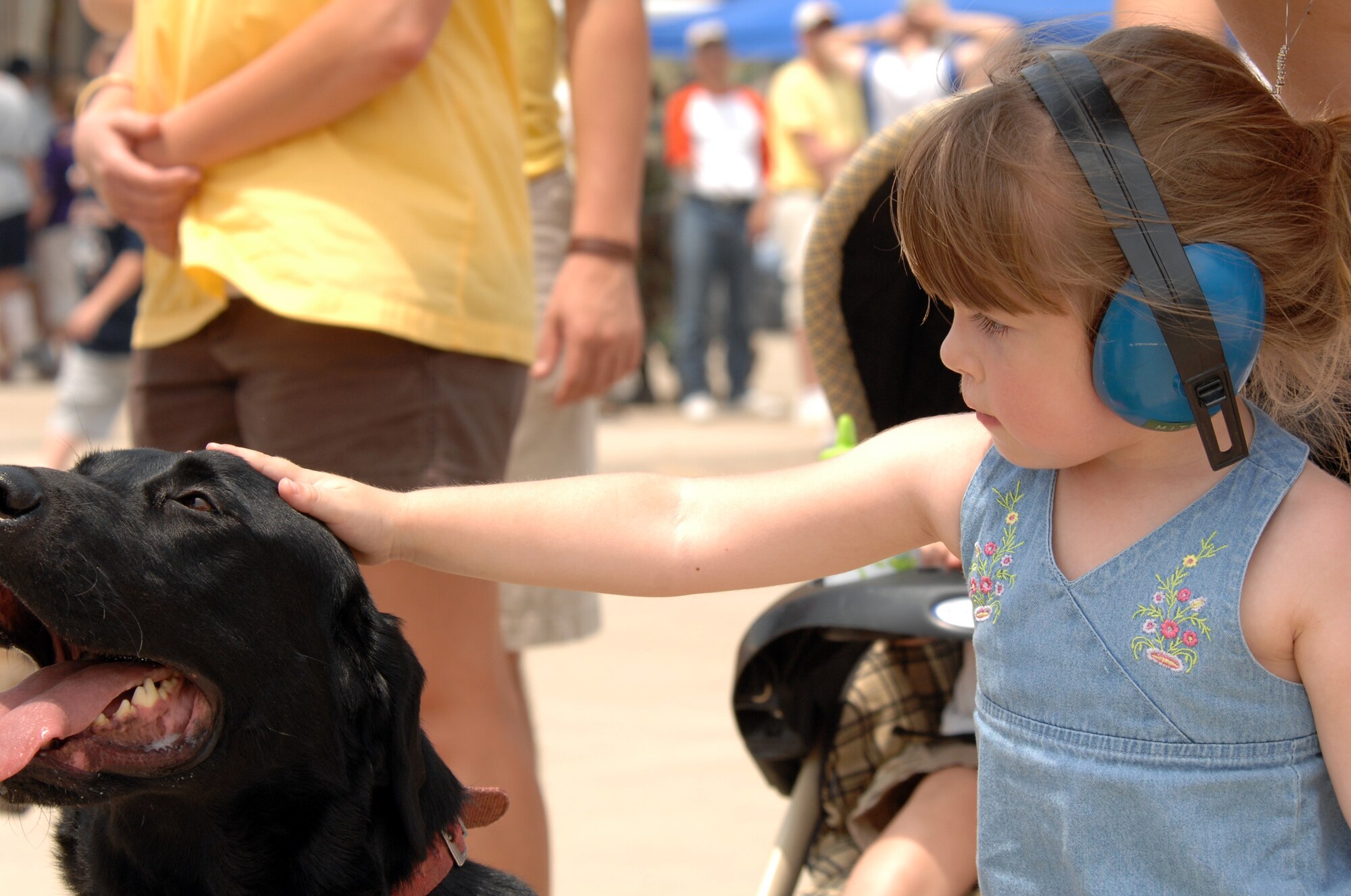 BARKSDALE AIR FORCE BASE, La. -- Rachel Morgan, 4, pats Tracker, from Shreveport Fire Search and Rescue during the Defenders of Liberty Air Show held here May 10. The air show marks the 75th Anniversary of the base. (U.S. Air Force photo by Airman 1st Class Joanna M. Kresge)