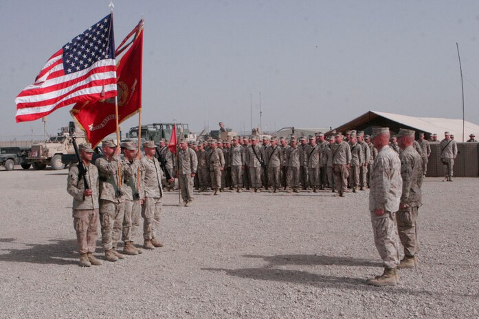 The Marines of 2nd Battalion, 7th Marines, on May 14, dedicate their camp aboard Camp Bastion in the Helmand Province of Afghanistan.