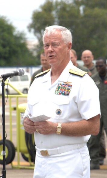 UTAPAO, Thailand - Admiral Timothy J. Keating, Commander, U.S. Pacific Command, Camp H. M. Smith, Hawaii, briefs media on the supplies being dropped from a C-130 to victims of Cyclone Nargis in Burma May 12. The C-130 is the first aircraft being flown into the country since permission was granted to assist with relief efforts which included five pallets of water, mosquito netting and blankets. (USAF Photo/Senior Airman Sonya Croston)