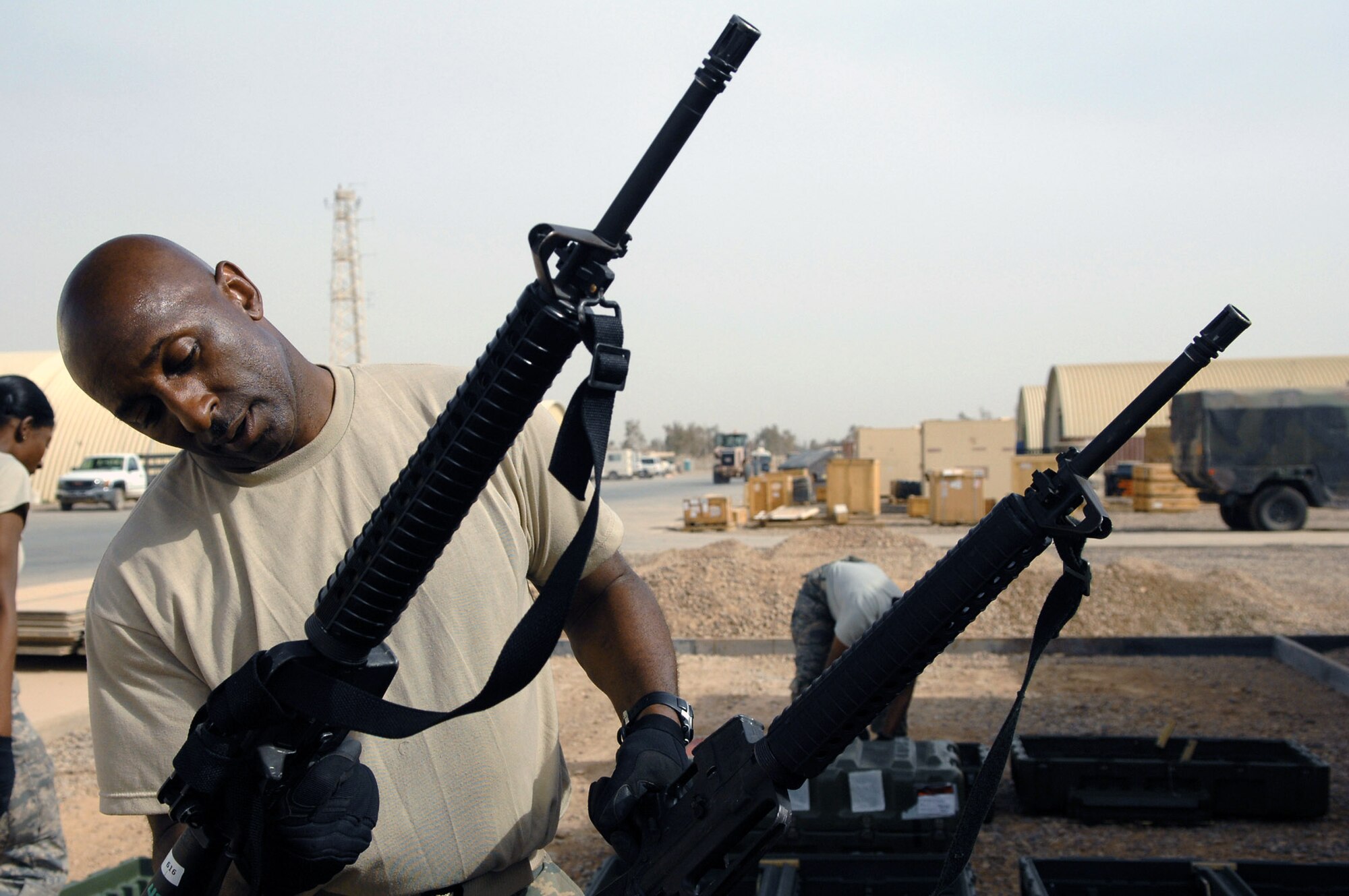 Master Sgt. Darryl Sterling checks the serial number on an M-16 rifle April 5 at Balad Air Base, Iraq. Balad AB has been chosen by Air Force leaders to be the test base for a weapons prepositioning initiative expected to save the Air Force approximately $1.3 million per year in transportation costs. Sergeant Sterling is the 332nd Expeditionary Logistics Readiness Squadron customer service and equipment section chief deployed from Luke Air Force Base, Ariz. (U.S. Air Force photo/Senior Airman Julianne Showalter) 

