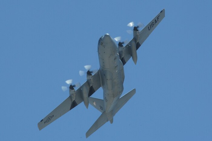NELLIS AIR FORCE BASE, Nev.--A C-130 Hercules prepares to land during the U.S. Air Force Weapons School Mobility Air Forces Exercise here May 9. The Weapons School holds MAFEX twice a year to test the ability of C-17A Globemaster III and C-130 Hercules aircrews from 12 Air Force bases around the world to join together in a formation at a specific time and location to insert ground forces anywhere in the world. (U.S. Air Force photo/Senior Airman Kasabyan D. Musal)