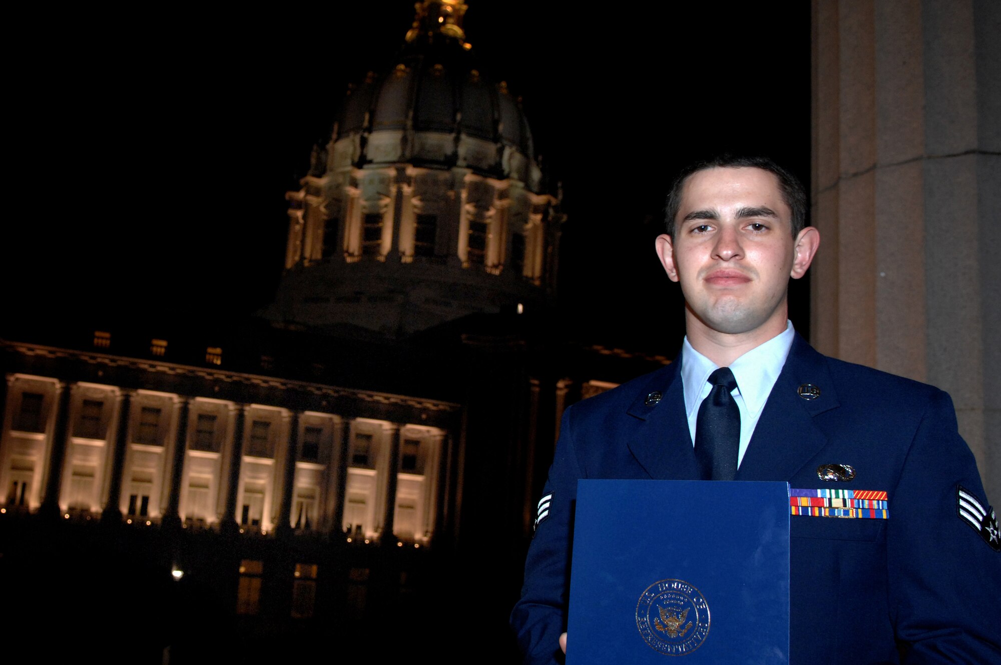 Purple Heart Medal recipient Senior Airman Michael Brady was honored Friday night in San Francisco as part of American Legion Post 911's California American Hero award ceremony.  He, along with other servicemembers, fireman, police officers and other early responders were presented certificates honoring their individual heroic acts.  Keynote speakers at the event included former California Governor Pet Wilson and the California National Guard Adjutant General, Maj. Gen. William H. Wade II.  Airman Brady earned the Purple Heart Medal after being wounded by sniper fire on patrol as a combat cameraman in Ad Diwaniyah, Iraq in October 2007. (U.S. Air Force photo by Master Sgt. Richard Freeland)