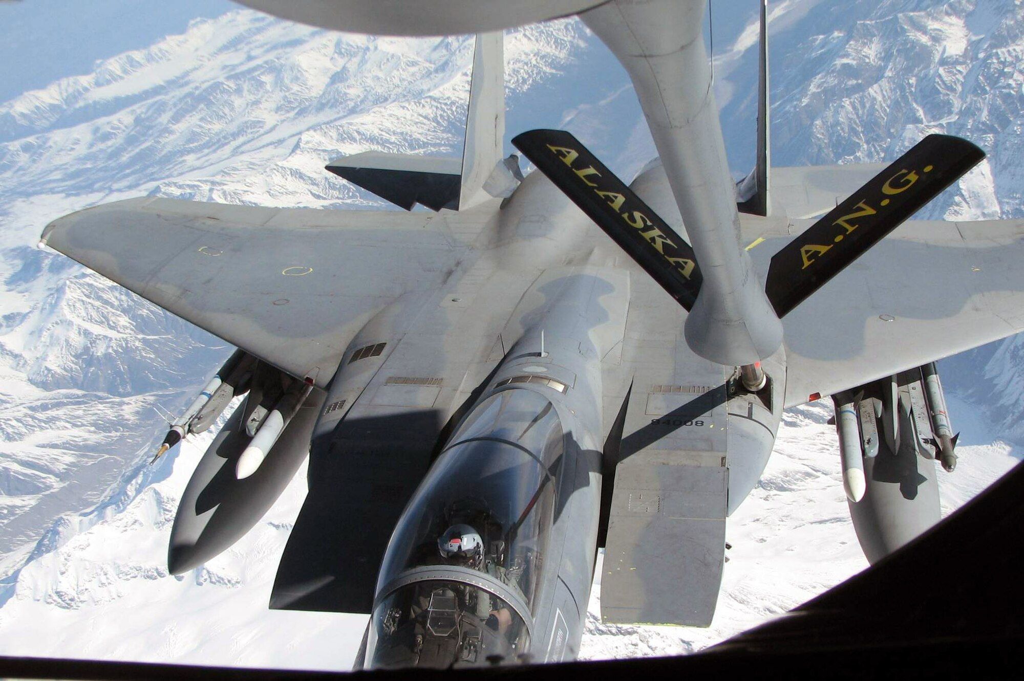 An F-15 Eagle from the 3rd Wing at Elmendorf Air Force Base, Alaska, receives fuel from a KC-135 Stratotanker May 8 during Northern Edge 2008. The exercise, which began May 5 and concludes May 16, is designed to give Soldiers, Sailors, Airmen, Coast Guardsmen and Marines a chance to sharpen their skills prior to facing real-world combat scenarios. The KC-135 is part of the Alaska Air National Guard's 168th Air Refueling Wing from Eielson Air Force Base. (U.S. Air Force photo/Tech. Sgt. Mikal Canfield) 