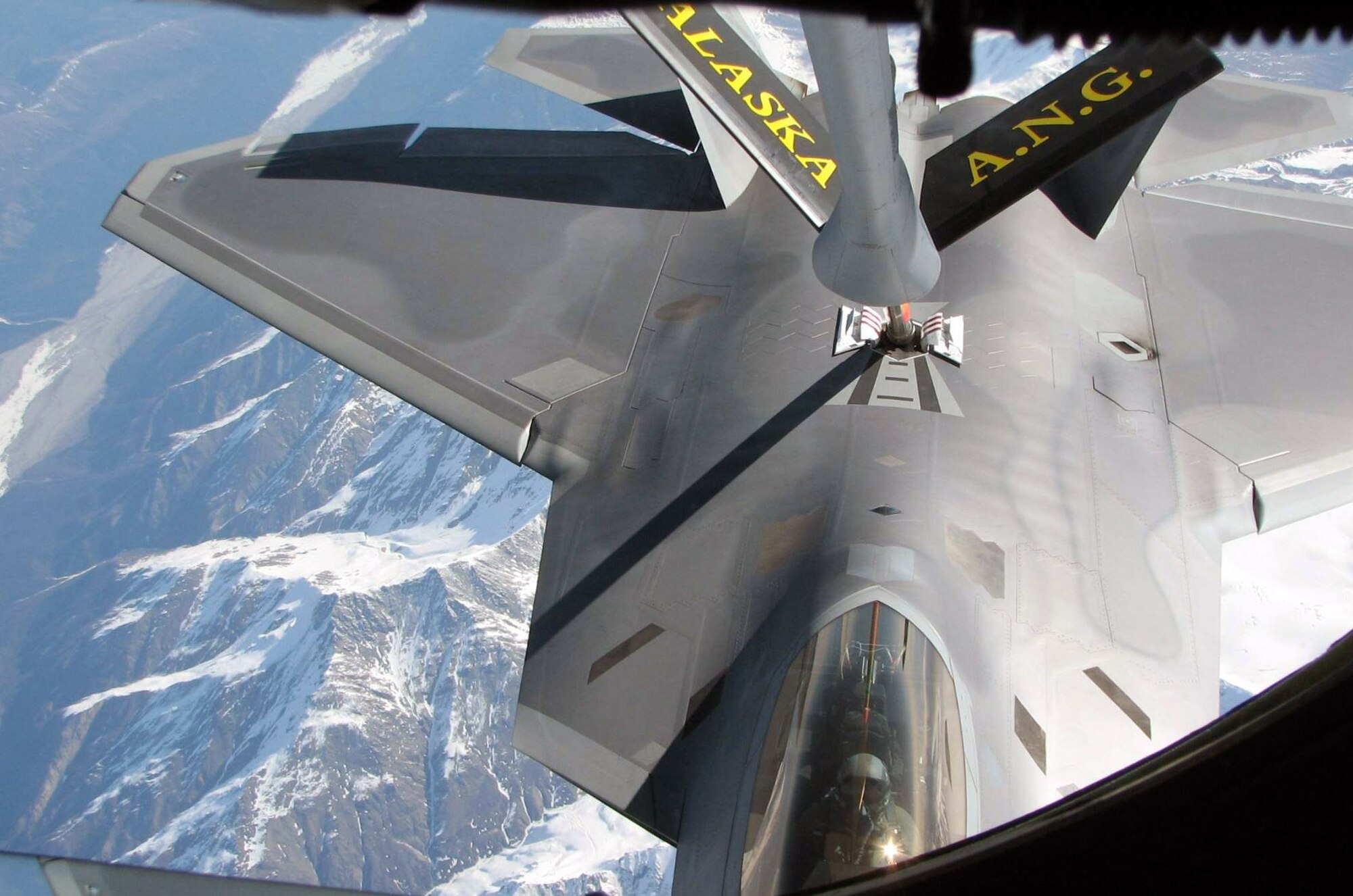 An F-22 Raptor from the 3rd Wing at Elmendorf Air Force Base, Alaska, receives fuel from a KC-135 Stratotanker May 8 during Northern Edge 2008. The exercise, which began May 5 and concludes May 16, is designed to give Soldiers, Sailors, Airmen, Coast Guardsmen and Marines a chance to sharpen their skills prior to facing real-world combat scenarios. The KC-135 is part of the Alaska Air National Guard's 168th Air Refueling Wing from Eielson Air Force Base. (U.S. Air Force photo/Tech. Sgt. Mikal Canfield) 