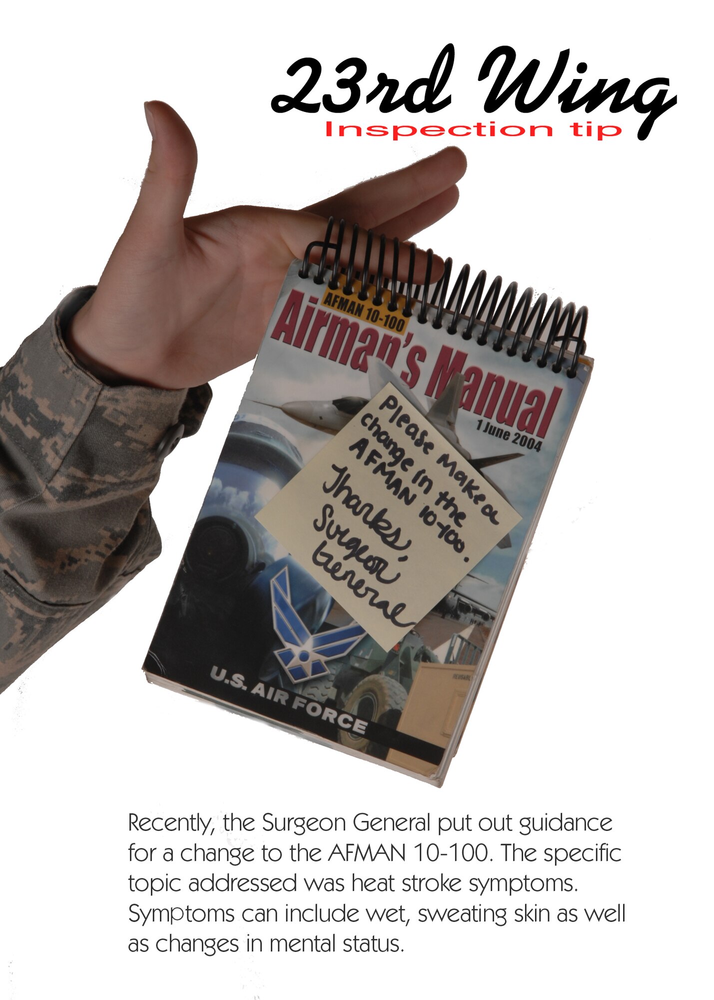 MOODY AIR FORCE BASE, Ga. -- 23rd Wing Airmen should make all necessary changes in their Airman's Manual for heat stroke symptoms. (U.S. Air Force photo illustration by Airman 1st Class Brittany Barker)


