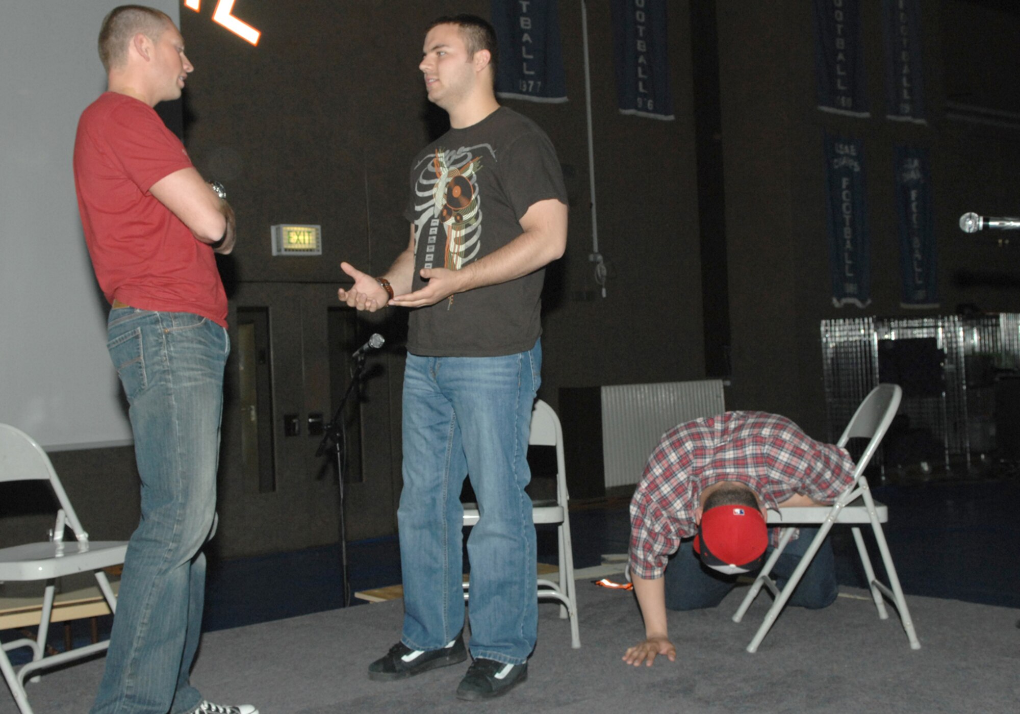 SPANGDAHLEM AIR BASE, Germany--The USAFE Safety roadshow stopped at Spangdahlem AB, Germany on April 12, 2008.  Staff Sgt. Joshua Rapp,Senior Airman Cole Montgomery, and Airman 1st Class Miguel Valdez performed a skit illustrating responsible choices.
U.S. Air Force Photo by Staff Sgt. Heather M. Norris
