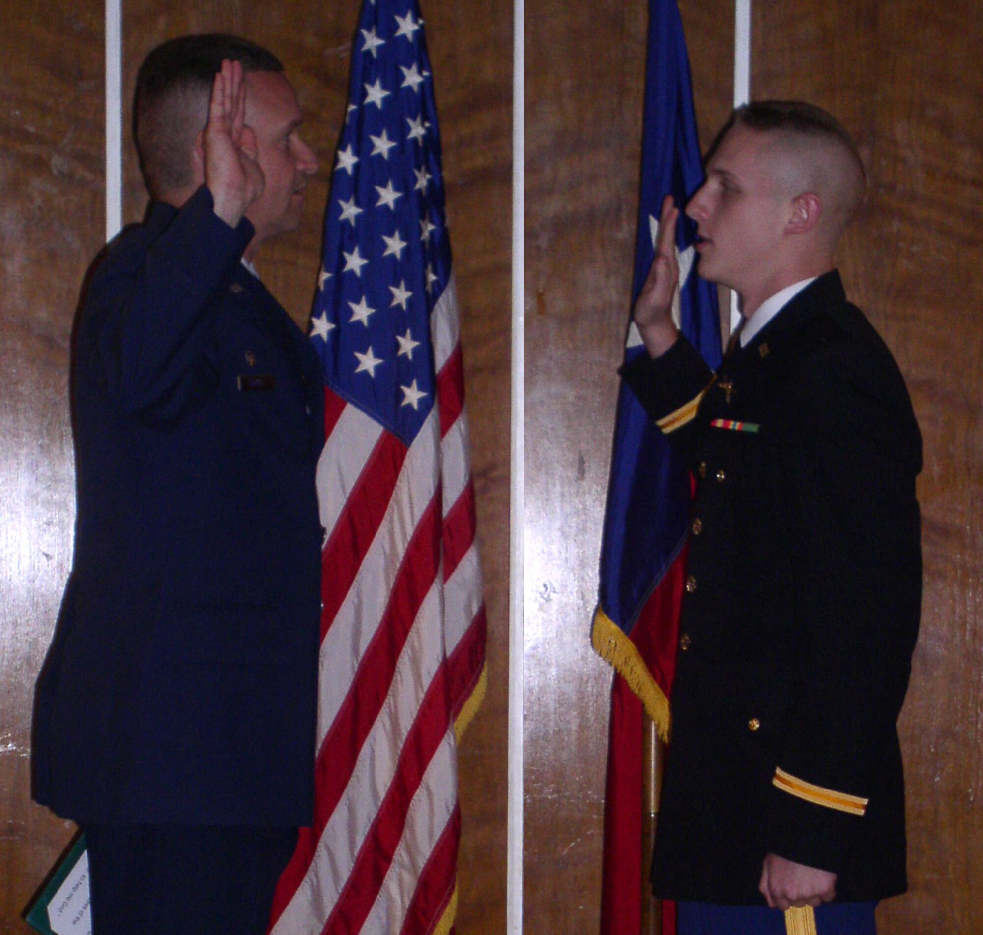 Maj. Kenneth Ratliff, 917th Wing Military Personnel Flight commander, administers the oath of office to his stepson, Cliff Meyer, during Cliff's commissioning ceremony Friday, May 9. Cliff graduated from Stephen F. Austin University, Nacogdoches, Texas, Saturday, May 10. He was enrolled in the SFA Army Reserve Officer Training Corps program for the last two and a half years. He is now an active-duty second lieutenant. (U.S. Air Force courtesy photo)