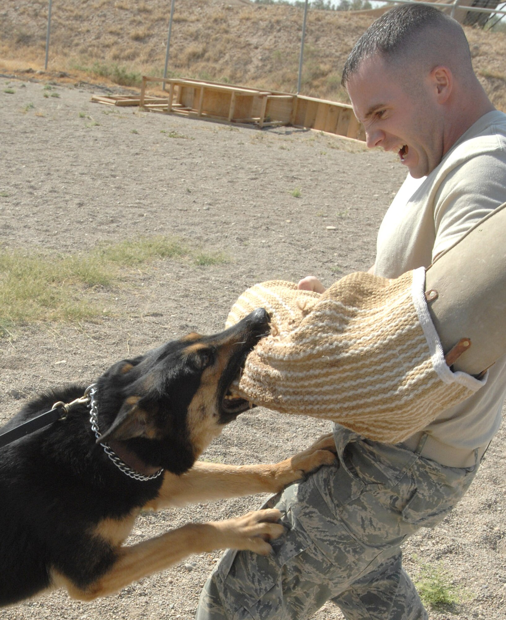 Staff Sgt. Kevin Nelson, 506th Expeditionary Security Forces Squadron military working dog handler, is attacked by his dog "Charlie" during a recent training event here. Air Force dog handlers at Kirkuk are assigned to either the 506th Expeditionary Security Forces Squadron or 732nd Expeditionary Security Forces Squadron. Both squadrons have separate kennels and missions. (U.S. Air Force photo by Senior Airman Eric Schloeffel)