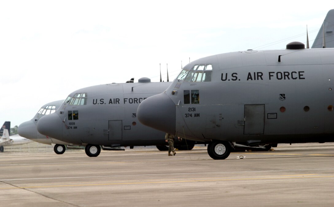 U.S. Air Force C-130 Hercules aircraft sit at Utaphao International Airport in Pataya, Thailand, May 12, 2008, ready to fly relief supplies to Burma.  The U.S. Air Force is transporting relief supplies to Burma, which was struck by Cyclone Nargis, May 2, 2008. 