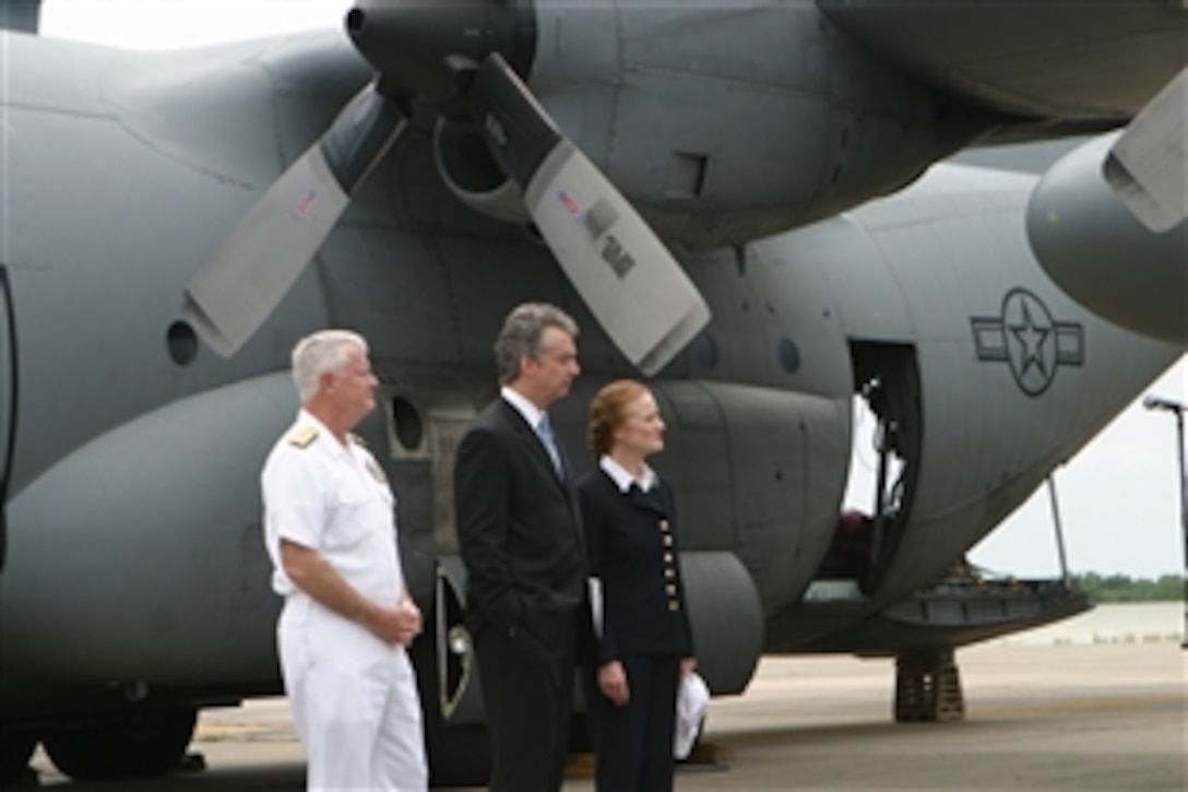 U.S. Navy Adm. Timothy J. Keating, the commander of United States Pacific Command, U.S. Ambassador to Bangkok Eric G. Johns and Henrietta Ford, director of USAID, wait to address the media, May 12, 2008, at Utaphao International Airport in Pataya, Thailand. The leaders will address humanitarian relief efforts to Burma in the wake of a recent cyclone.