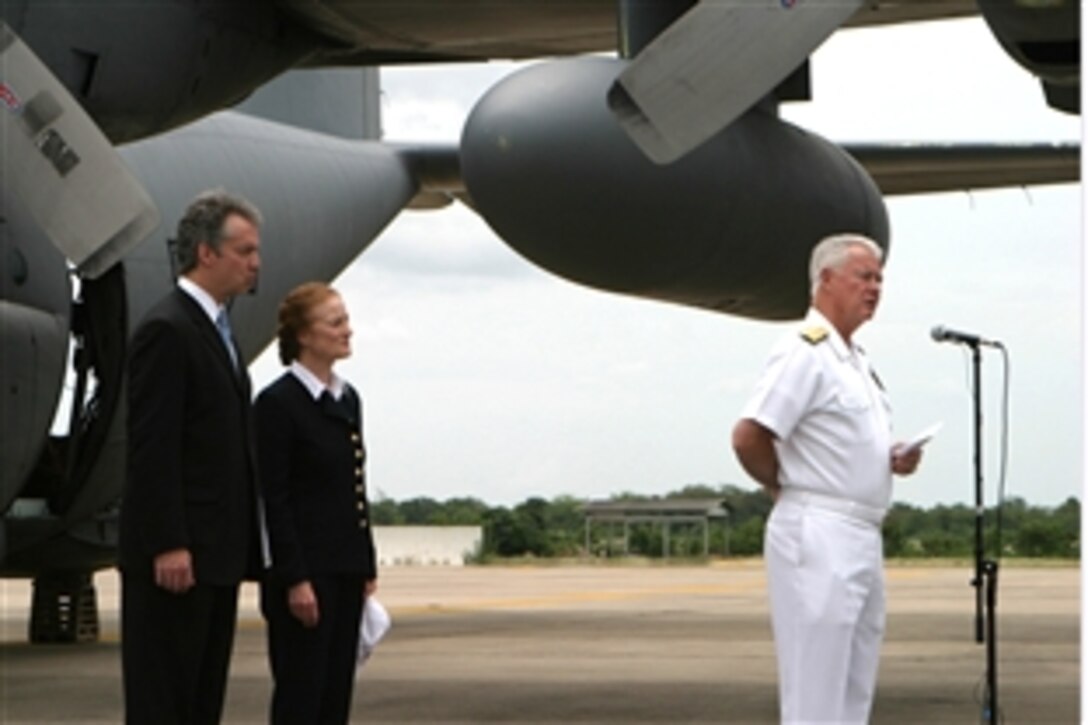 U.S. Navy Adm. Timothy J. Keating, the commander of United States Pacific Command, addresses members of the media at Utaphao International Airport in Pataya, Thailand, May 12, 2008. Keating is speaking about humanitarian relief efforts to Burma being conducted in the wake of a recent cyclone. 