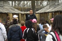MINOT AIR FORCE BASE, N.D. -- Jeff Turning Heart, Jr., Fort Mandan interpretive specialist, teaches fourth-grade students from North Plains Elementary School about Fort Mandan and the Lewis and Clark Trail May 8 in Washburn, N.D. (Air Force photo by Airman 1st Class Benjamin Stratton)