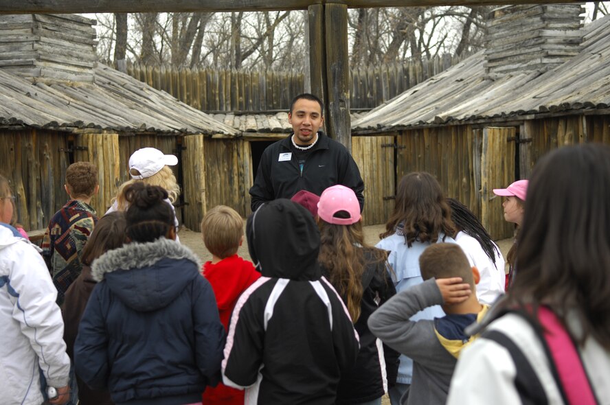 MINOT AIR FORCE BASE, N.D. -- Jeff Turning Heart, Jr., Fort Mandan interpretive specialist, teaches fourth-grade students from North Plains Elementary School about Fort Mandan and the Lewis and Clark Trail May 8 in Washburn, N.D. (Air Force photo by Airman 1st Class Benjamin Stratton)