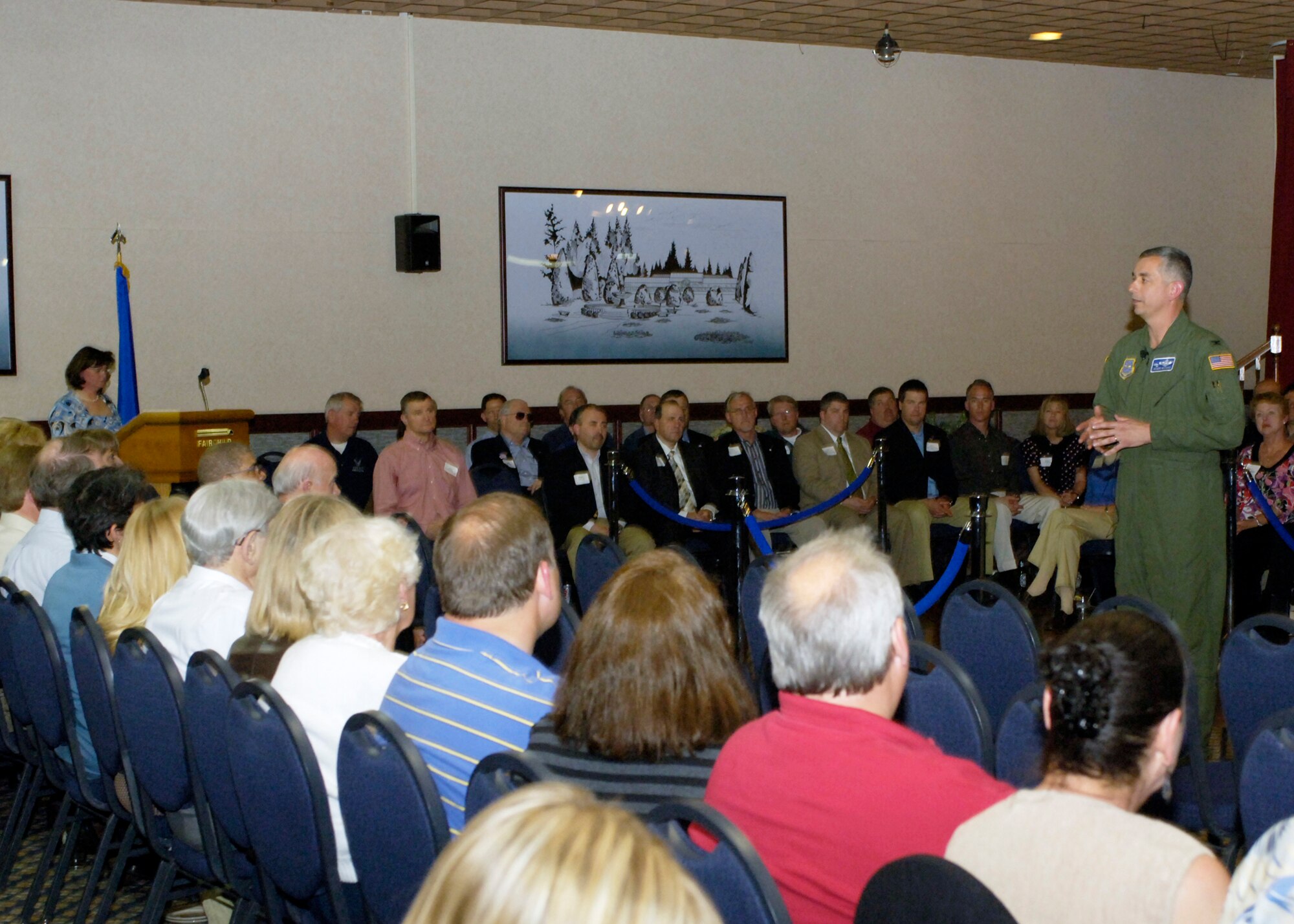 FAIRCHILD AIR FORCE BASE, Wash. – Col. Roger Watkins, 92nd Air Refueling Wing vice commander, addresses both current Honorary Commanders and new inductees at Club Fairchild May 9. Each Honorary Commander receives access to many facilities on Fairchild, including 92nd Services facilities, such as the Fun Spot and the Fitness Center. (U.S. Air Force photo / Airman 1st Class Melissa Barnett)