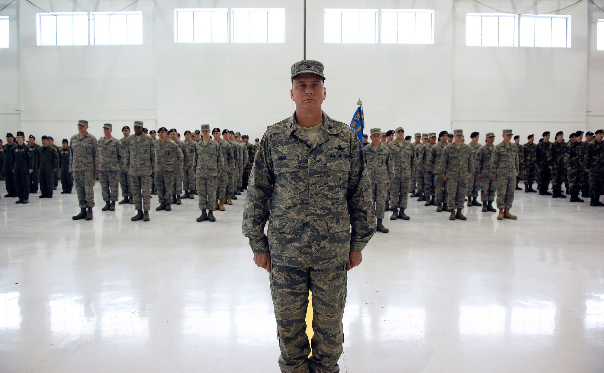 MINOT AIR FORCE BASE, N.D. – Col. Gregory S. Tims, 91st Space Wing
vice commander, leads a 200-person formation representing the three groups of the 91st SW, operations, maintenance and security forces, during the 91st SW change of command ceremony here May 13. (U.S. Air Force photo by Senior Airman Joe Rivera)
