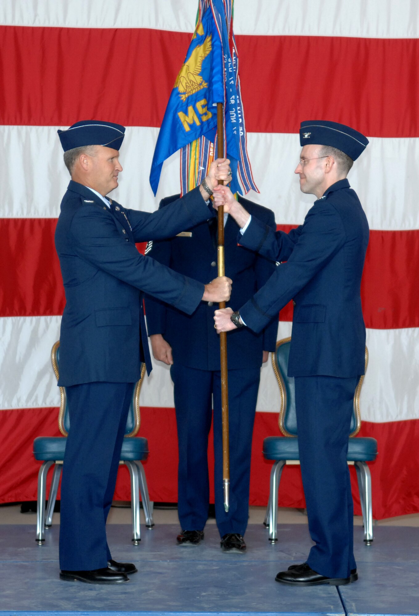 MOUNTAIN HOME AIR FORCE BASE, Idaho -- Col. Jeffrey W. Maxwell assumed command of the 366th Mission Support Group from Col. James Browne, 366th Fighter Wing commander, in a change-of-command ceremony May 9 at Hangar 1333. (U.S. Air Force photo / Airman 1st Class Stephany Miller)