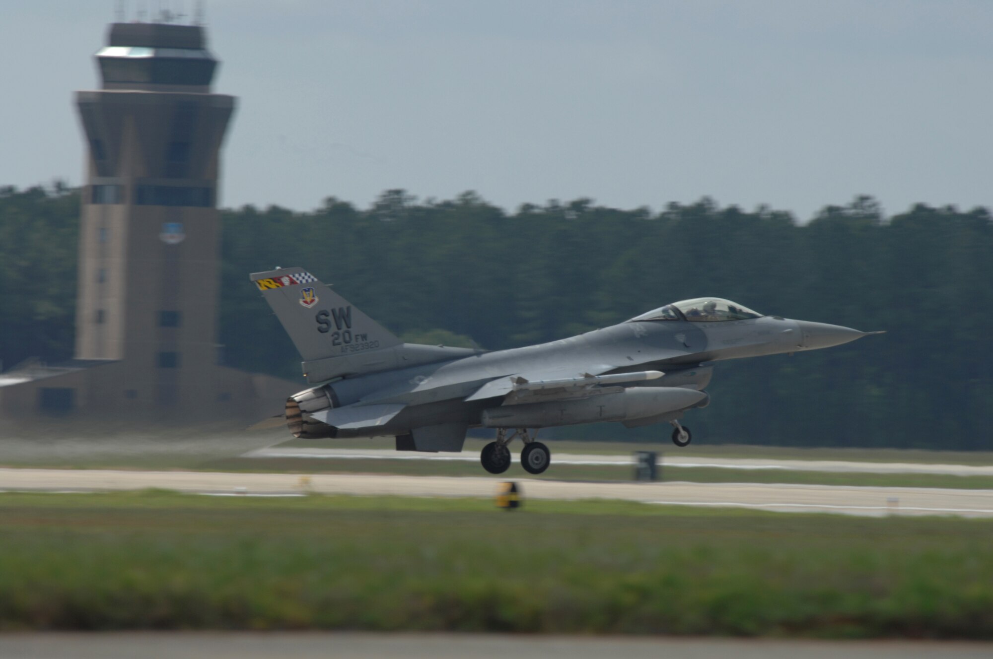 SHAW AIR FORCE BASE S.C. -- Lt. Col. Miles "Quatro" Demayo, 55th Fighter Squadron commander, takes off to Hill AFB, Utah, May 9, in support of Operation Combat Hammer. Combat Hammer is an exercise evaluation that allows the squadron to be operationally assessed on the effectiveness and suitability of weapons and weapons systems in several different tactical scenarios. (U.S. Air Force photo/Staff Sgt. Nathan Bevier)