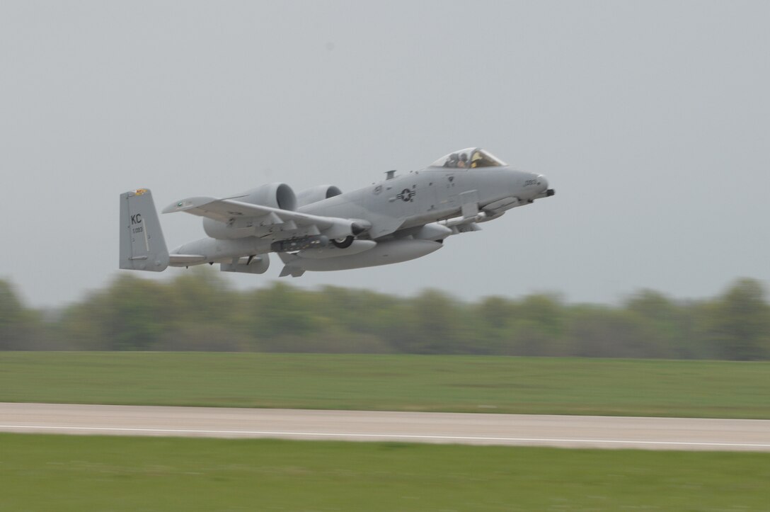 WHITEMAN AIR FORCE BASE, Mo. - An Idaho Air National Guard A-10, Thunderbolt II, from the 124th Wing at Boise, Idaho, takes off from the Whiteman runway May 6, as part of a deployment with the 442nd Fighter Wing to Southwest Asia in support of Operation Enduring Freedom. 442nd FW members will fly both units' aircraft during their deployment and four months later, in a mirror operation, members of the 124th will arrive to replace them. The 442nd Fighter Wing is an Air Force Reserve Command unit based here. (U.S. Air Force photo/Tech. Sgt. Samuel A. Park)