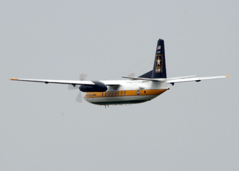 BARKSDALE AFB , La.—The U.S. Army Golden Knights Parachute Demonstration Team aircraft, a C-31 Friendship, takes off for flight here during the Defenders of Liberty Air Show.  The air show commemorates the 75th anniversary of Barksdale Air Force Base. (U.S. Air Force photo by Airman 1st Class Brittany Bateman)