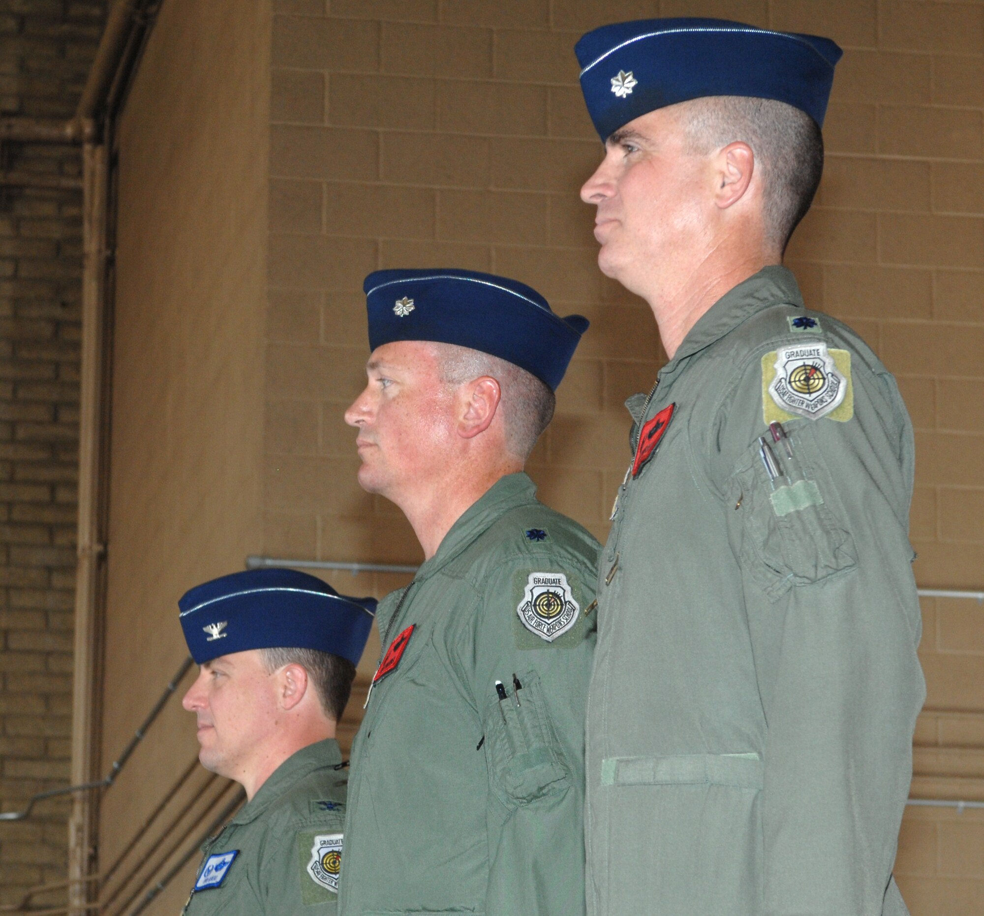 Lt. Col. Jeffrey Lovelace, 63 FS/CC, relinquished command to Lt. Col. Jack Waixner, 56 FW chief of safey, during a change of command ceremony, May 12. (U.S. Air Force photo by TSgt. Moore) 