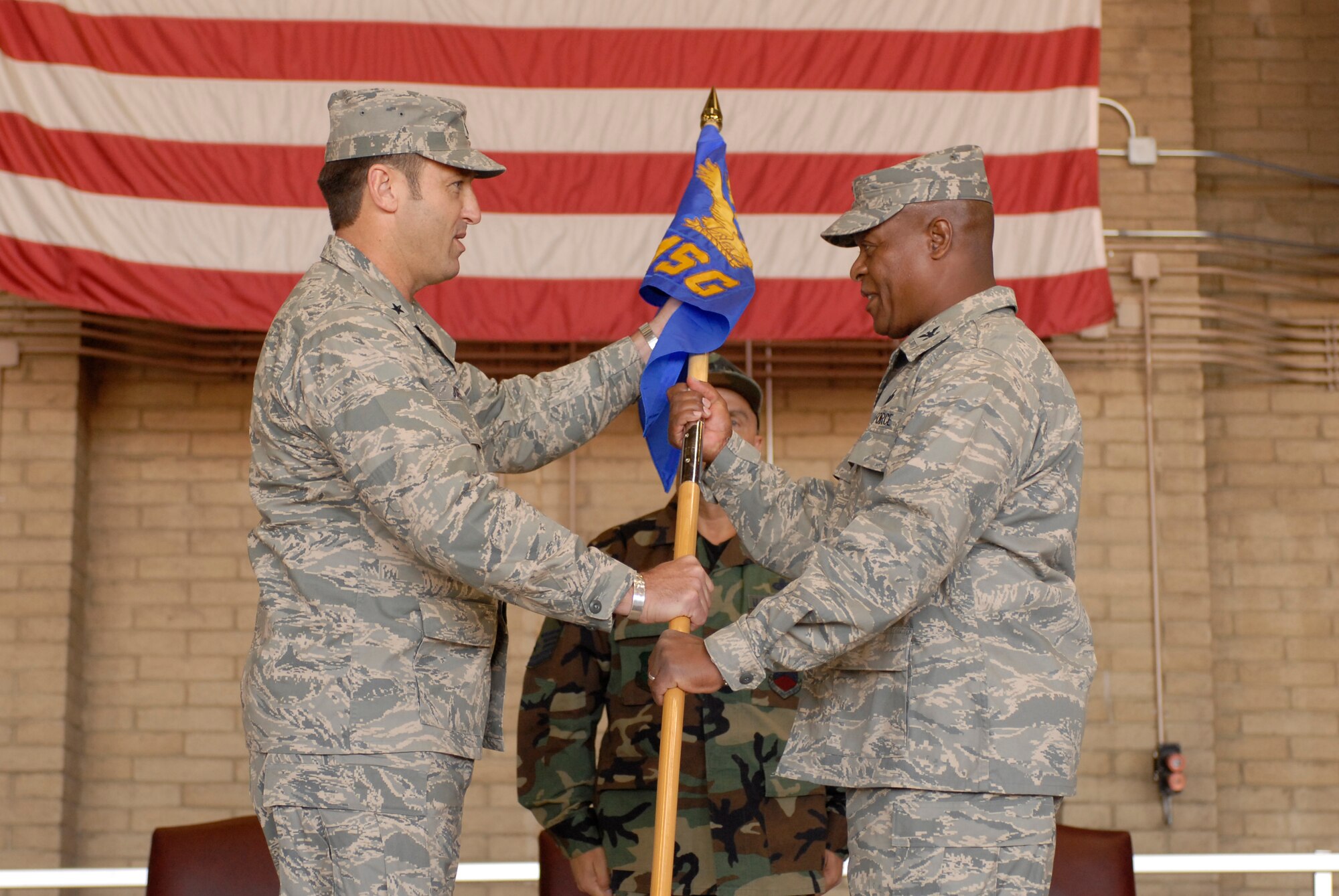 Brig. Gen. Tom Jones, 56th FW/CC, officiated the 56th MSG change of command ceremony where Col. Andre Curry took command from Col. Ronald Mozzillo, May 2.