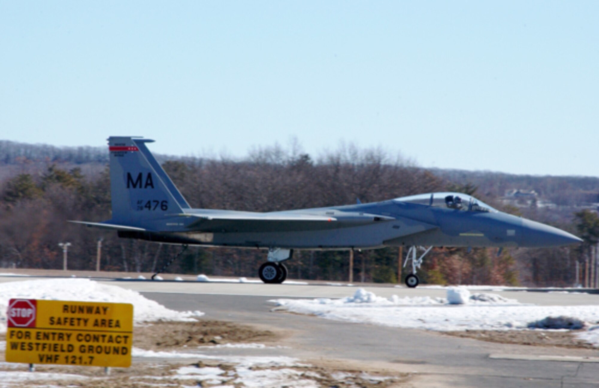 Barnes F-15 #476 tests the new arresting system. Later it performed the first functional test flight at Barnes on 21 Feb, 2008 ( Photo by Capt Matthew Mutti)