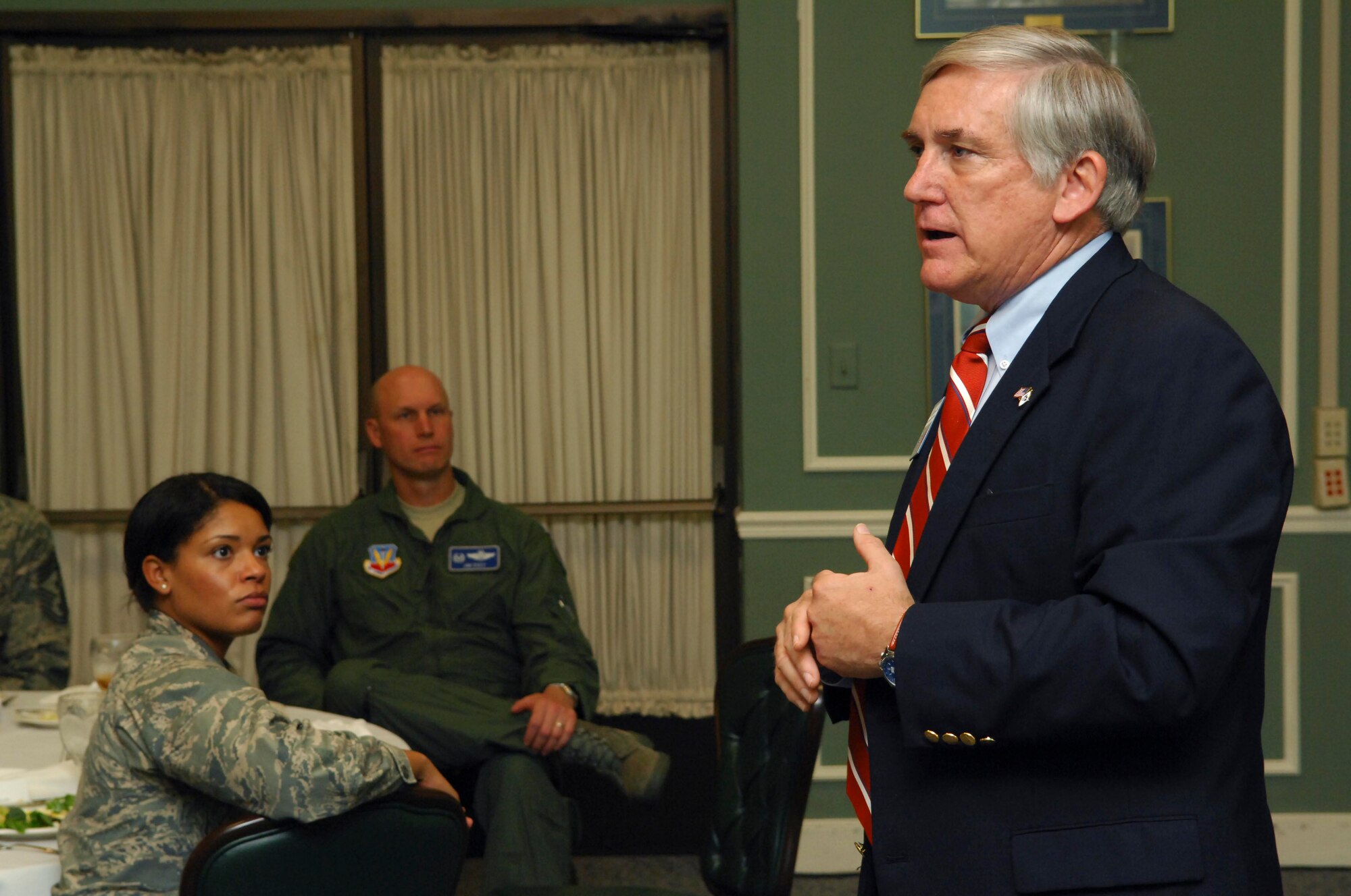 SHAW AIR FORCE BASE, S.C.-- Mr. Robert Largent, Air Force Association chairman of the board of directors, speaks to an audience made up of Shaw active-duty members about the AFA and its role in bettering the U.S. Air Force at the Carolina Skies Club May 9. (U.S. Air Force photo/Tech. Sgt. Josef Cole)