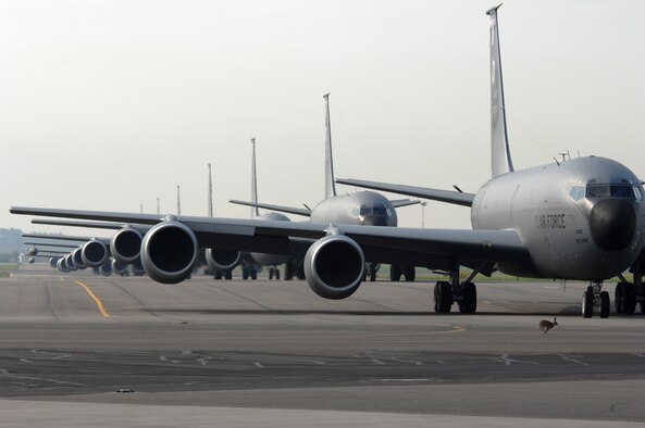 A field rabbit tempts fate by running across the taxiway directly in front of eight KC-135R Stratotanker aircraft waiting for clearance from the tower to takeoff at RAF Mildenhall, England, May 9, 2008.  More than half the fleet of KC-135R Stratotankers assigned to the base performed a massive-rapid response exercise. The event benefitted two parts of the installation’s flying community. Airmen assigned to the maintenance squadrons were able to test their abilities to launch several aircraft simultaneously while the refueling squadrons took advantage of the large number of aircraft in the air by performing formation flights. The last time a large-scale take-off of this kind took place was on March 13, 2006, when seven KC-135R aircraft crews participated.(U. S. Air Force photo by Master Sgt. Tracy L. DeMarco)
