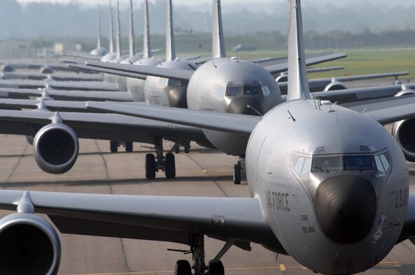 Early Friday morning at RAF Mildenhall, England, more than half the fleet of KC-135R Stratotankers assigned to the base performed a massive-rapid response exercise. The event, which involved the launching of eight refueling aircraft, benefitted two parts of the installation’s flying community. Airmen assigned to the maintenance squadrons were able to test their abilities to launch several aircraft simultaneously while the refueling squadrons took advantage of the large number of aircraft in the air by performing formation flights. The last time a large-scale take-off of this kind took place was on March 13, 2006, when seven KC-135R aircraft crews participated. (U.S. Air Force photo by Senior Airman Teresa Hawkins)