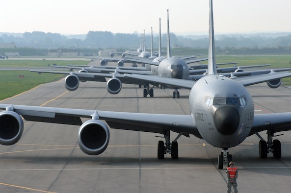 Early Friday morning at RAF Mildenhall, England, more than half the fleet of KC-135R Stratotankers assigned to the base performed a massive-rapid response exercise. The event, which involved the launching of eight refueling aircraft, benefitted two parts of the installation’s flying community. Airmen assigned to the maintenance squadrons were able to test their abilities to launch several aircraft simultaneously while the refueling squadrons took advantage of the large number of aircraft in the air by performing formation flights. The last time a large-scale take-off of this kind took place was on March 13, 2006, when seven KC-135R aircraft crews participated. (U.S. Air Force photo by Senior Airman Teresa Hawkins)