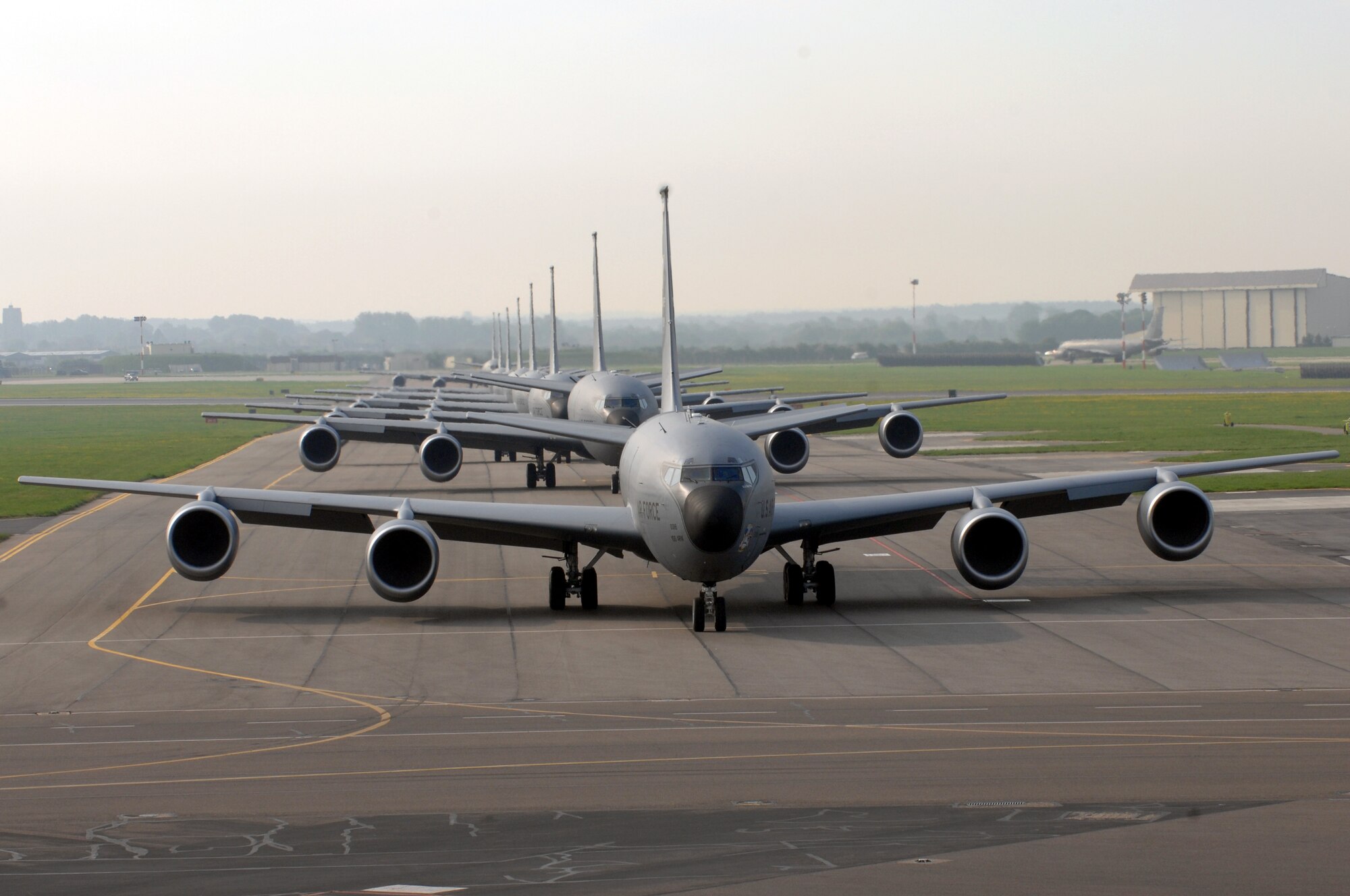 Early Friday morning at RAF Mildenhall, England, more than half the fleet of KC-135R Stratotankers assigned to the base performed a massive-rapid response exercise. The event, which involved the launching of eight refueling aircraft, benefitted two parts of the installation’s flying community. Airmen assigned to the maintenance squadrons were able to test their abilities to launch several aircraft simultaneously while the refueling squadrons took advantage of the large number of aircraft in the air by performing formation flights. The last time a large-scale take-off of this kind took place was on March 13, 2006, when seven KC-135R aircraft crews participated. (U.S. Air Force photo by Senior Airman Teresa Hawkins)