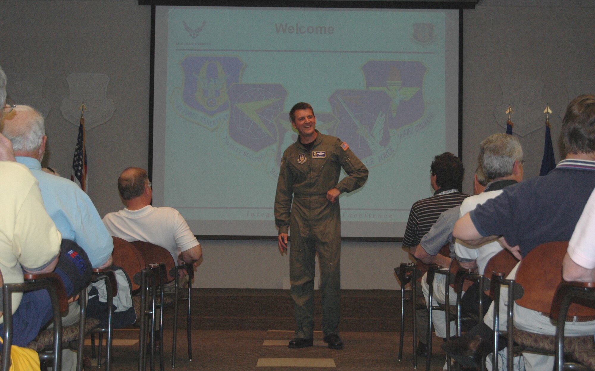 Colonel Heath Nuckolls, 94th Airlift Wing commander, welcomes West Virginia employers before briefing them on the wing's mission May 6. More than 50 employers visited Dobbins and Lockheed Martin May 6 to May 7 for an Employer Support of the Guard and Reserve visit. (U.S. Air Force photo/SSgt. Christian Michael)