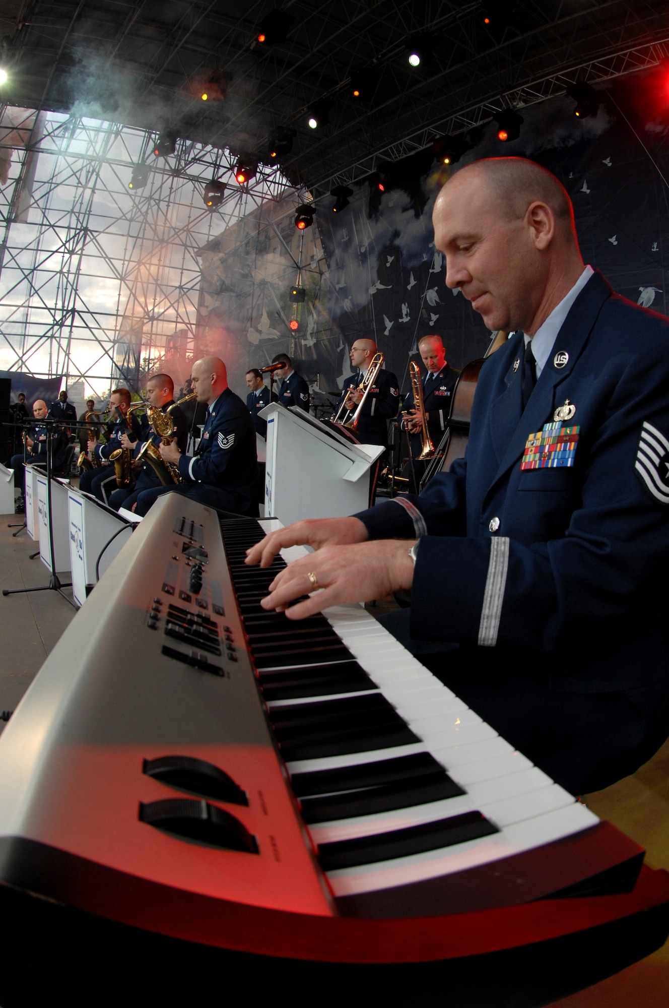 Tech. Sgt. Vincent Dublino, U.S. Air Forces in Europe jazz band (Check Six), plays for thousands of people at the Svobody Square located in Kharkiv, Ukraine, April 19. The USAFE Band is one of the oldest musical units in the Air Force and continues to break the boundaries of international cultures, bringing nations together with music.  (U.S. Air Force photo by Airman 1st Class Amber Bressler)(Released)