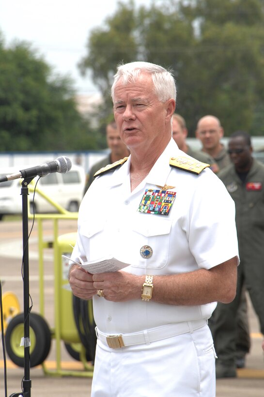 UTAPAO, Thailand - Admiral Timothy J. Keating, Pacific Command commander, briefs media on the supplies being dropped from a C-130 to victims of Cyclone Nargis in Burma May 12. The C-130 is the first aircraft being flown into the country since permission was granted to assist with relief efforts which included five pallets of water, mosquito netting and blankets. (USAF Photo/Senior Airman Sonya Croston)