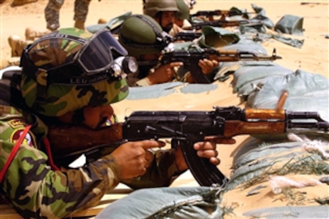 Iraqi army soldiers practice their shooting skills and techniques on a range at Forward Operating Base Summerall, Bayji, Iraq, May 10, 2008. 